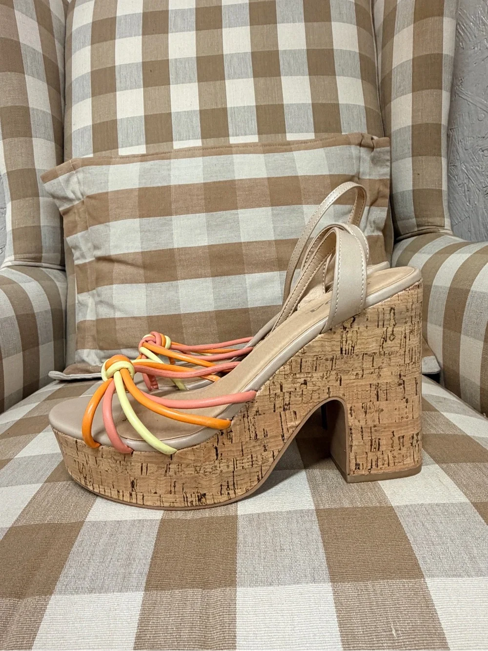 Soda Beige Cork Platform Wedges with Orange, Pink & Yellow Knot Straps